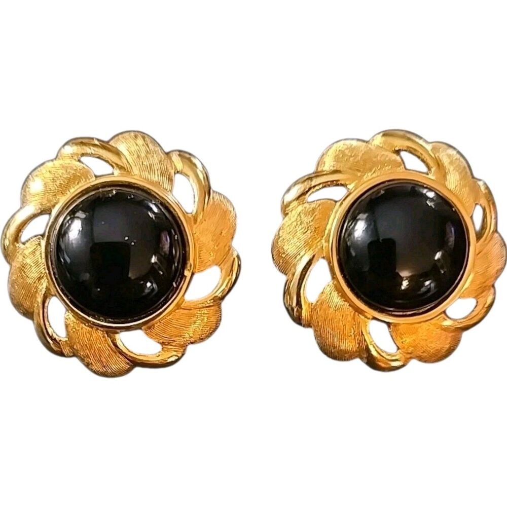 Vintage Napier Signed Black Cabochon Gold Tone Clip-on Earrings